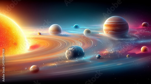 Colorful painting of the solar system with the sun in the center