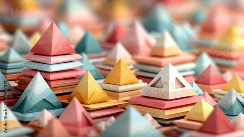 Colorful stack of paper triangles with one of them being a pyramid