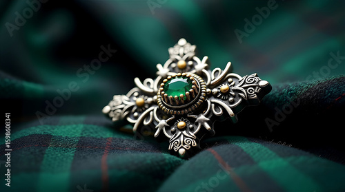 Traditional scottish style brooch with green gemstone placed on tartan fabric background