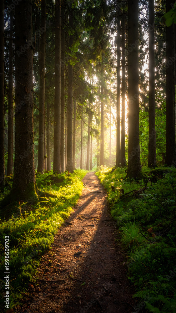 Fototapeta premium Sunlit Forest Path with Misty Morning.