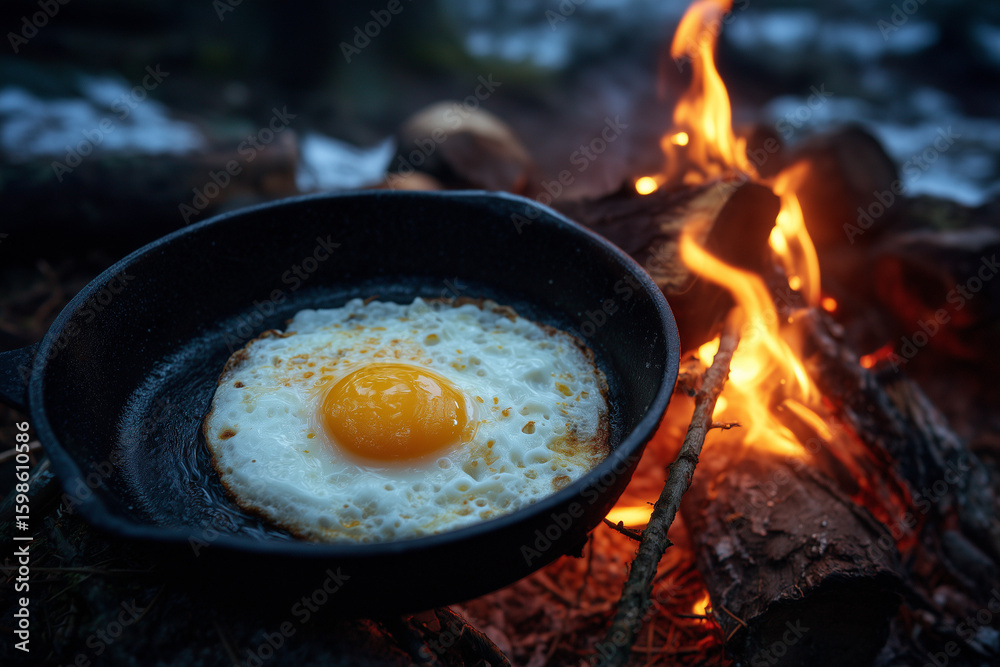Deliciou Delicious Fried Egg in Skillet over Roaring Campfire Deliciou Delicious Fried Egg in Skillet over Roaring Campfire