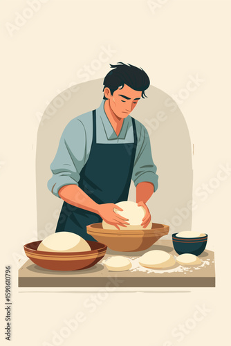 Artisan Baker Preparing Dough in a Bright Kitchen Setting