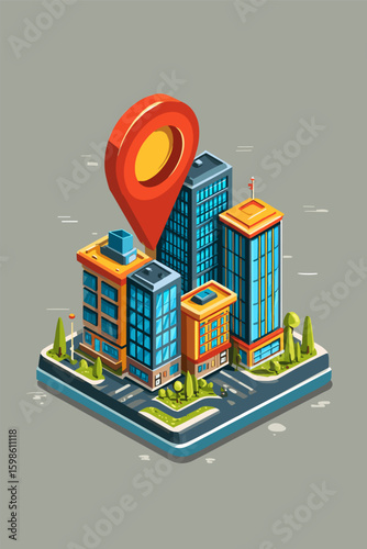 Modern Cityscape with Location Pin and Skyscrapers in Isometric Style