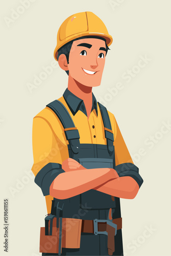 Happy Construction Worker in Safety Gear with Arms Crossed