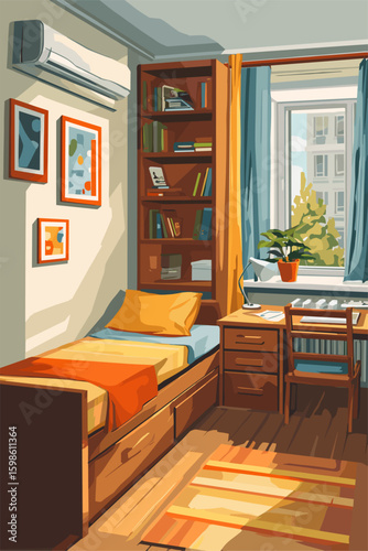 Cozy Modern Bedroom Illustration with Bookshelf and Window