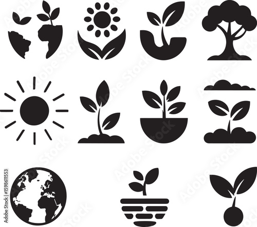 Black silhouette icons of nature and growth plants earth
