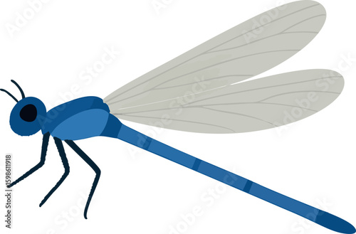 Flat vector damselfly with slim blue body and forward-facing wings, vector-friendly, isolated on white