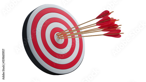 Multiple redtipped arrows are precisely hitting the center bullseye of a red and white circular
