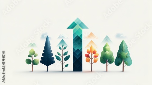 Series of trees are shown with a green arrow pointing upwards