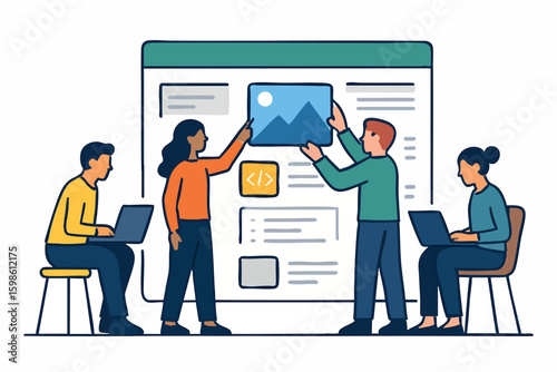 Flat vector designers and developers working on same project board, flat modern UI style, isolated on white