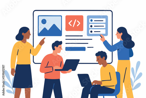 Flat vector designers and developers working on same project board, flat modern UI style, isolated on white
