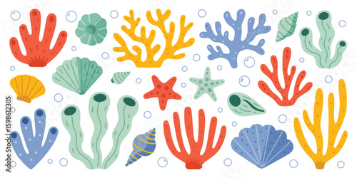 Underwater Ocean Flora with Coral, Seaweed, Algae, Starfish, Seashells, and Marine Plants and Animals in Hand Drawn Seabed Style
