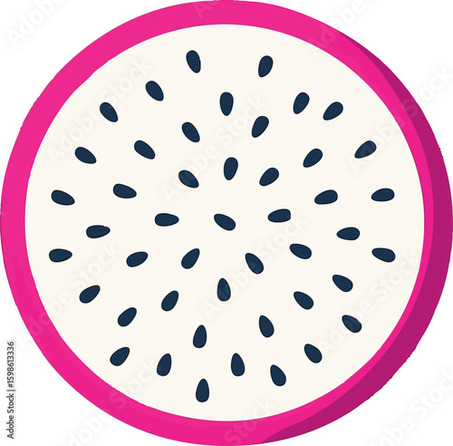 Flat vector dragonfruit slice with white interior and pink skin