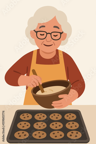 Flat vector elderly woman baking cookies with apron and mixing bowl, isolated on white
