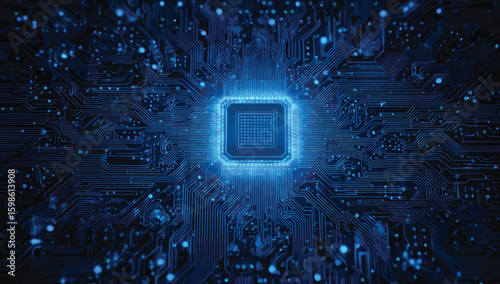 Abstract blue circuit board background with chip and digital technology vector illustration