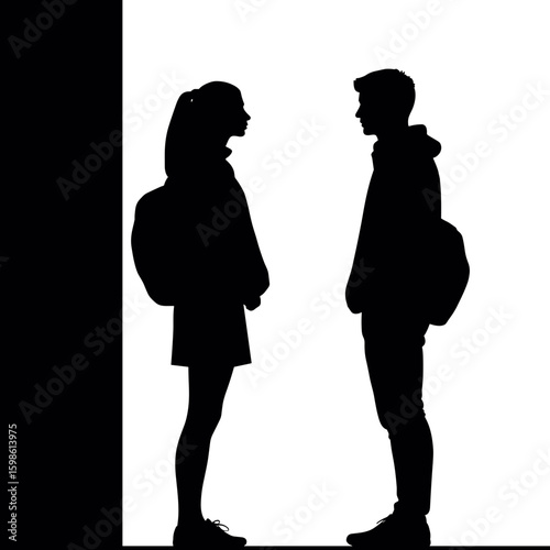 Silhouette of young man and woman facing each other on black background  