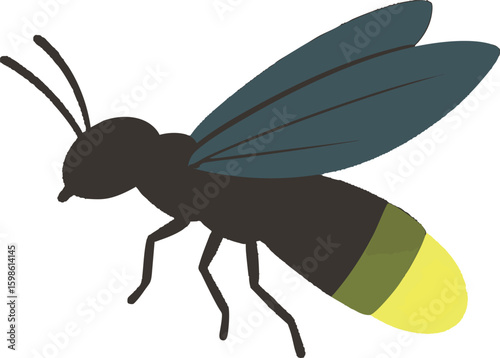 Flat vector firefly with glowing yellow tail, flying in side view, vector-friendly, isolated on white
