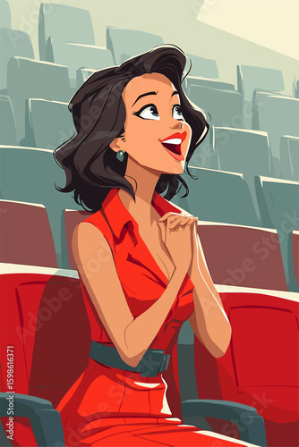 Excited Woman in Red Dress at a Theater Seating Area