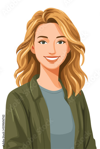 Friendly Young Woman with Wavy Hair in Casual Outfit