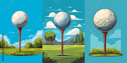 Creative Vector Golf Ball on Tee in Three Different Settings