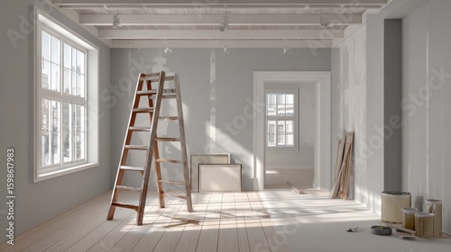 Interior of a building mid-renovation featuring a ladder and neutral-colored walls