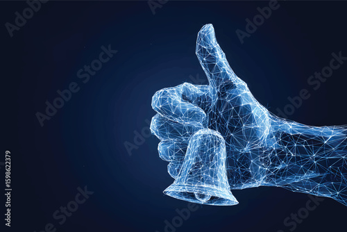 Abstract blue low-poly hand with a thumbs-up sign on a dark background with bail icon
