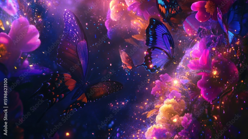 Fototapeta premium Magical butterflies amongst glowing flowers