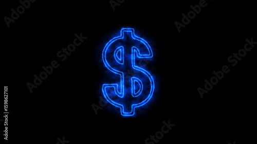 Blue Neon Dollar Sign Glowing on Black Background money
