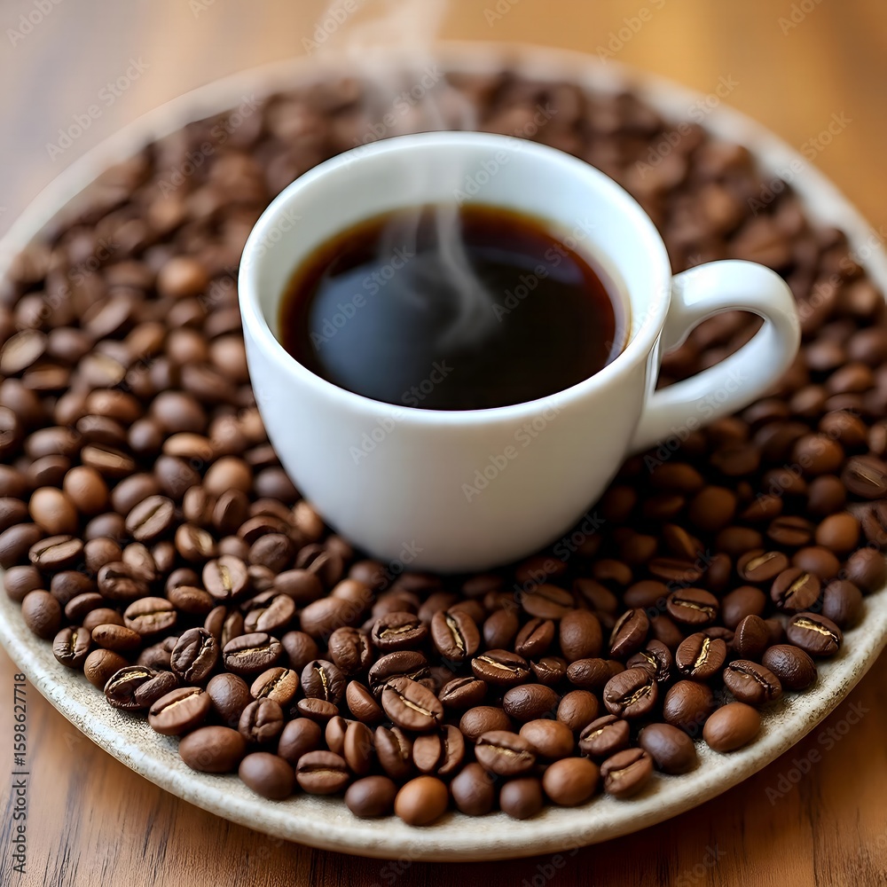 Fototapeta premium A white cup of steaming coffee placed on a saucer, surrounded by a pile of coffee beans