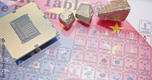 Geopolitical technology conflict, strategic tension over semiconductor supply chains, rare earth, minerals and raw material control : A CPU chip, a periodic table placed over the Chinese and US flags.