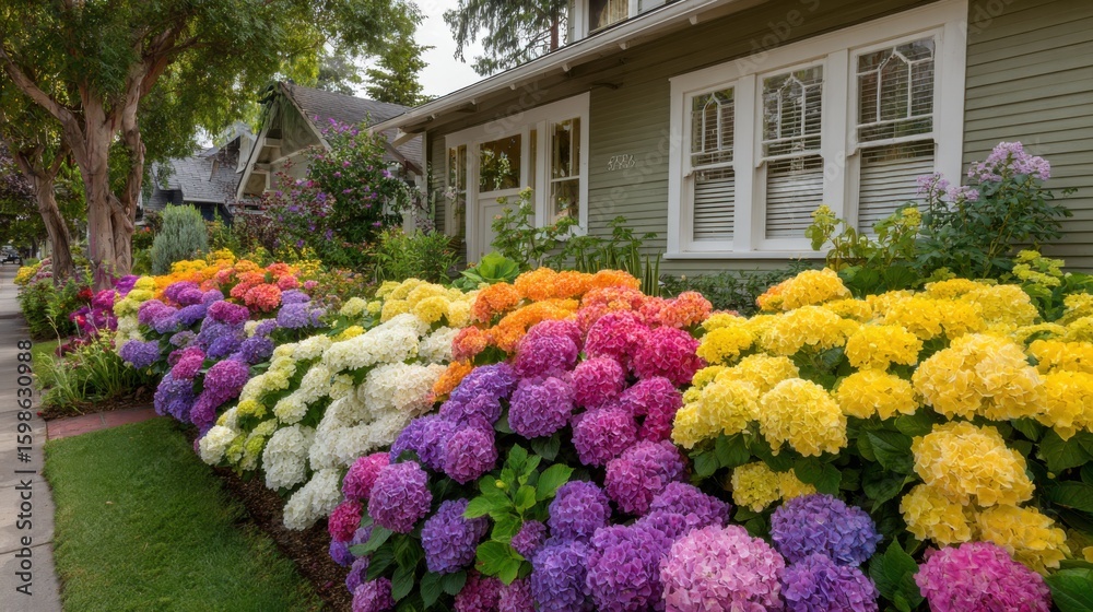 Fototapeta premium Lush hydrangeas in shades of purple, yellow, and white create a colorful border along a quaint house's front yard on a bright sunny afternoon. The vibrant scene showcases suburban beauty.