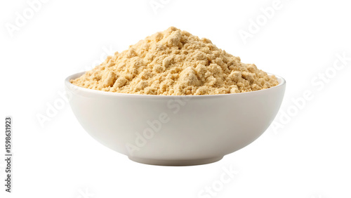 A white bowl filled with a generous portion of light yellow chickpea flour isolated on transparent background