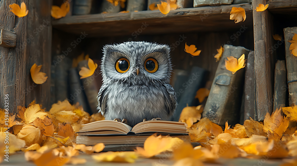 Obraz premium Adorable Owl Reading a Book Surrounded by Autumn Leaves in a Cozy Library Setting