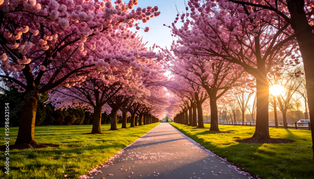 Fototapeta premium Sunlit Cherry Blossom Path.