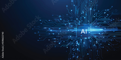 Abstract futuristic blue circuit board background with an AI icon