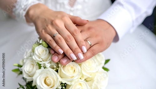 Close-up of wedding couple's hands holding hands over a bouquet