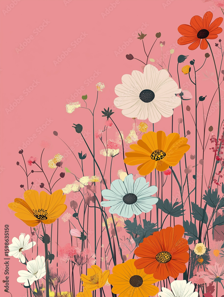 Naklejka premium many flowers on a pink background, cover