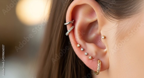 Close-up of a woman's ear with multiple piercings and jewelry