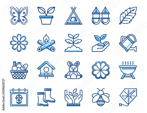 Collection of Spring and Gardening Icons in Blue Outline Style on a White Background | Ai Generated Icon