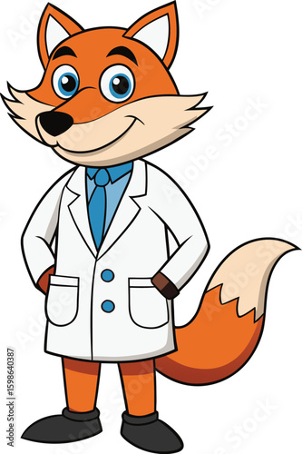 Cartoon Fox Doctor Character Standing Wearing a Lab Coat and Tie with Friendly Smile new 2025 trendy