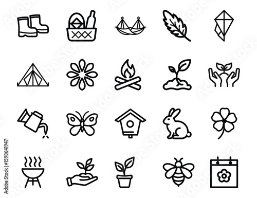 Spring and Summer Outdoor Activities Icon Set Vector Illustration Line Art Style Black and White Design | Ai Generated Icon