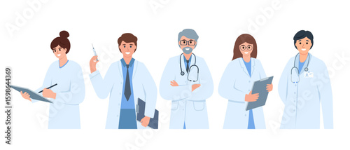 Doctor or nurse characters in uniform set. Male and female hospital or clinic workers in different poses. Vector illustation isolated on white background.