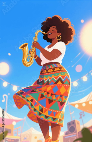 An illustration of an African-American woman in beautiful traditional clothes playing the saxophone. Vector graphics. EPS.