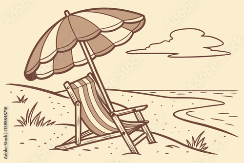 Vintage beach setup featuring wooden chair and parasol drawn in old sketch style, evoking seaside nostalgia, modern flat illustration style.