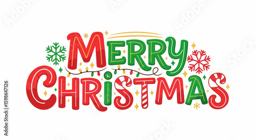 Merry Christmas lettering with ornate holiday text. Merry Christmas greeting design, adorned with snowflakes and candy canes, perfect for seasonal wishes.