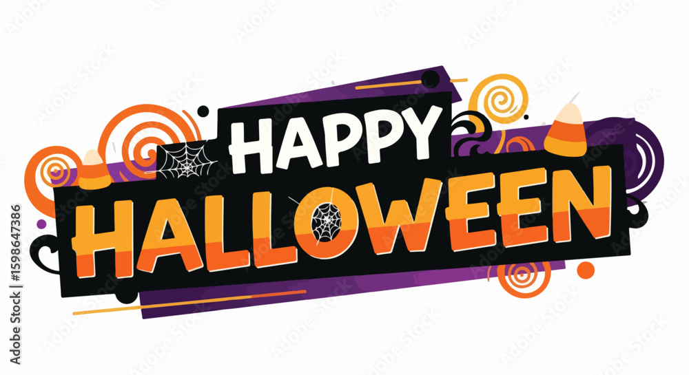 Fototapeta premium Happy Halloween graphic shows cheerful greeting with spooky elements, including spiders and candy corn.
