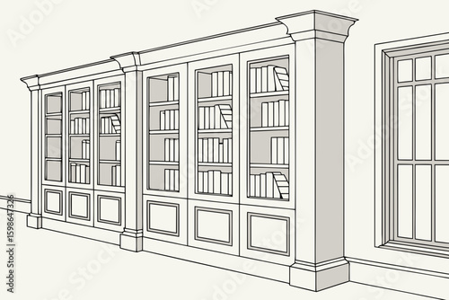 White bookshelves filled with white books in a minimalist library setting, representing clean design and organized learning, modern flat illustration style