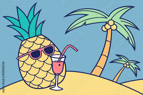 Pineapple in sunglasses sipping a cocktail on a beach with blue background, representing tropical holidays and summer leisure, modern flat illustration style