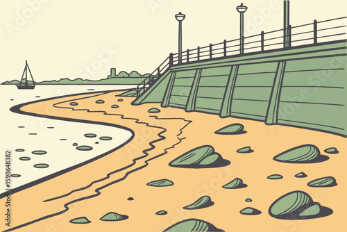 Portsmouth shore reveals seaweed and stones as tide pulls away, leaving a quiet beach scene, modern flat illustration style