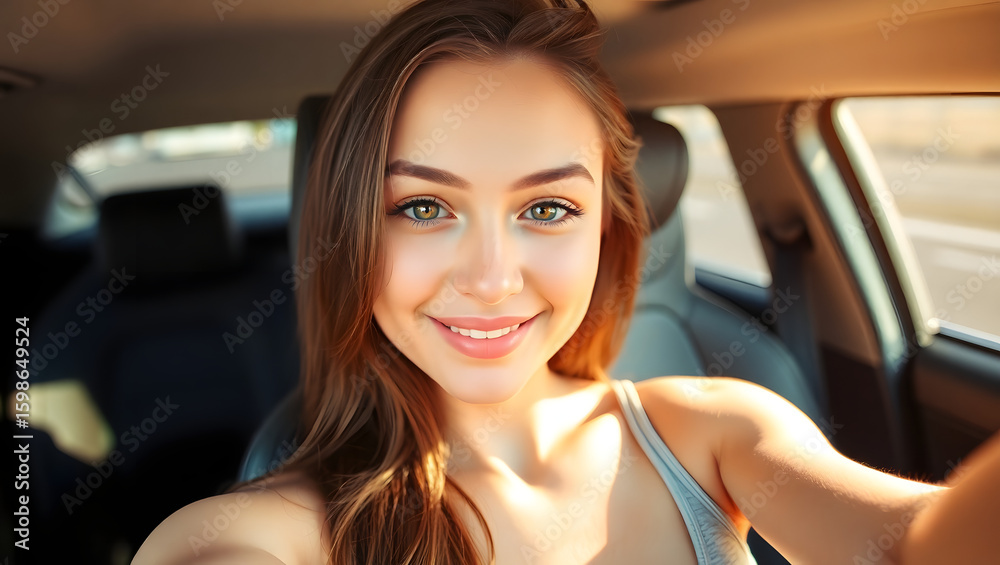 A young woman with long, cascading brown hair and fair, luminous skin posing for a selfie in a car, showcasing her symmetrical face, subtle, natural-looking makeup, and defined yet soft eyebrows that A young woman with long, cascading brown hair and fair, luminous skin posing for a selfie in a car, showcasing her symmetrical face, subtle, natural-looking makeup, and defined yet soft eyebrows that